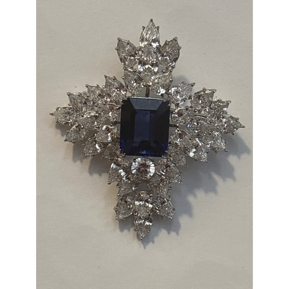 Vintage Style Blue Sapphire Crystal Cross Brooch Silver Tone Statement Pin